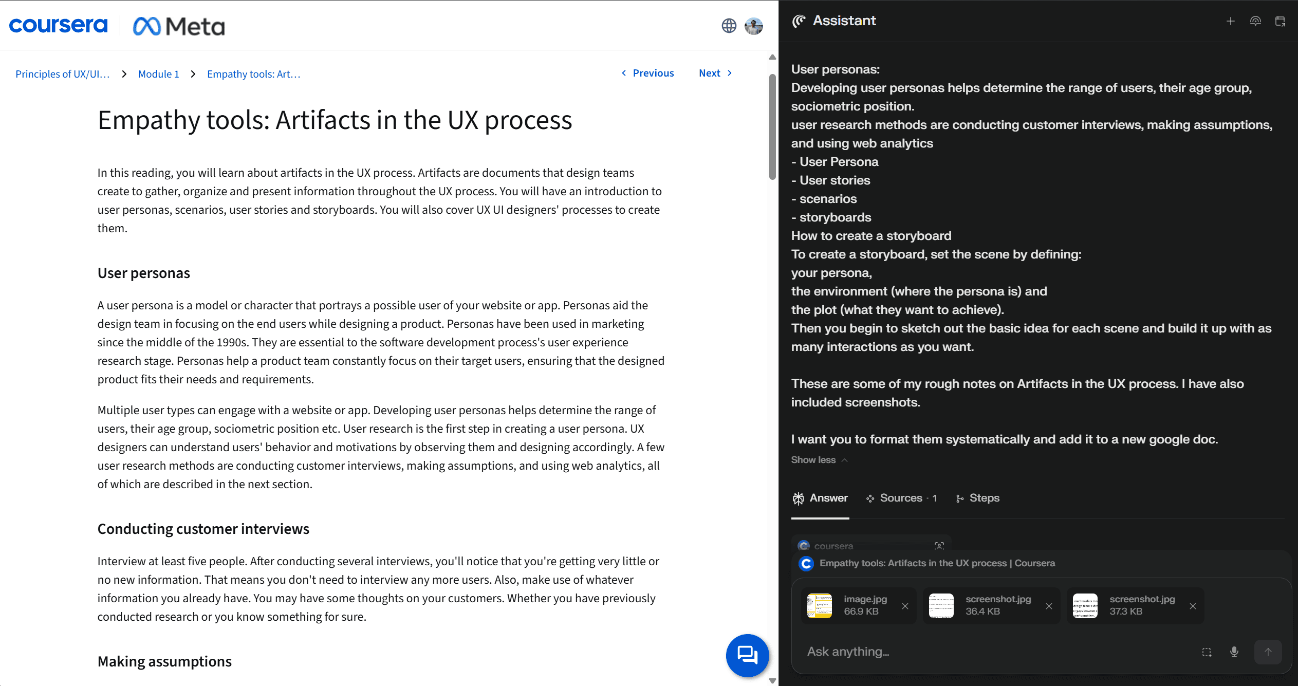 The Coursera reading 'Empathy tools: Artifacts in the UX process' on the left, with Comet's assistant sidebar on the right holding rough notes and the request to format them into a new Google Doc.