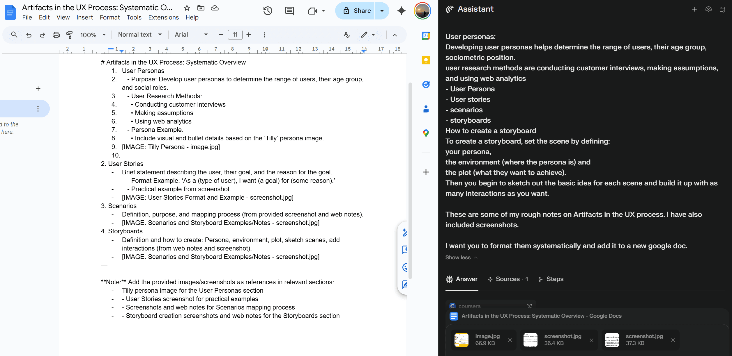 A Google Doc titled 'Artifacts in the UX Process: Systematic Overview' holding the notes as a numbered outline, with bracketed [IMAGE: ...] placeholders where the screenshots should sit.