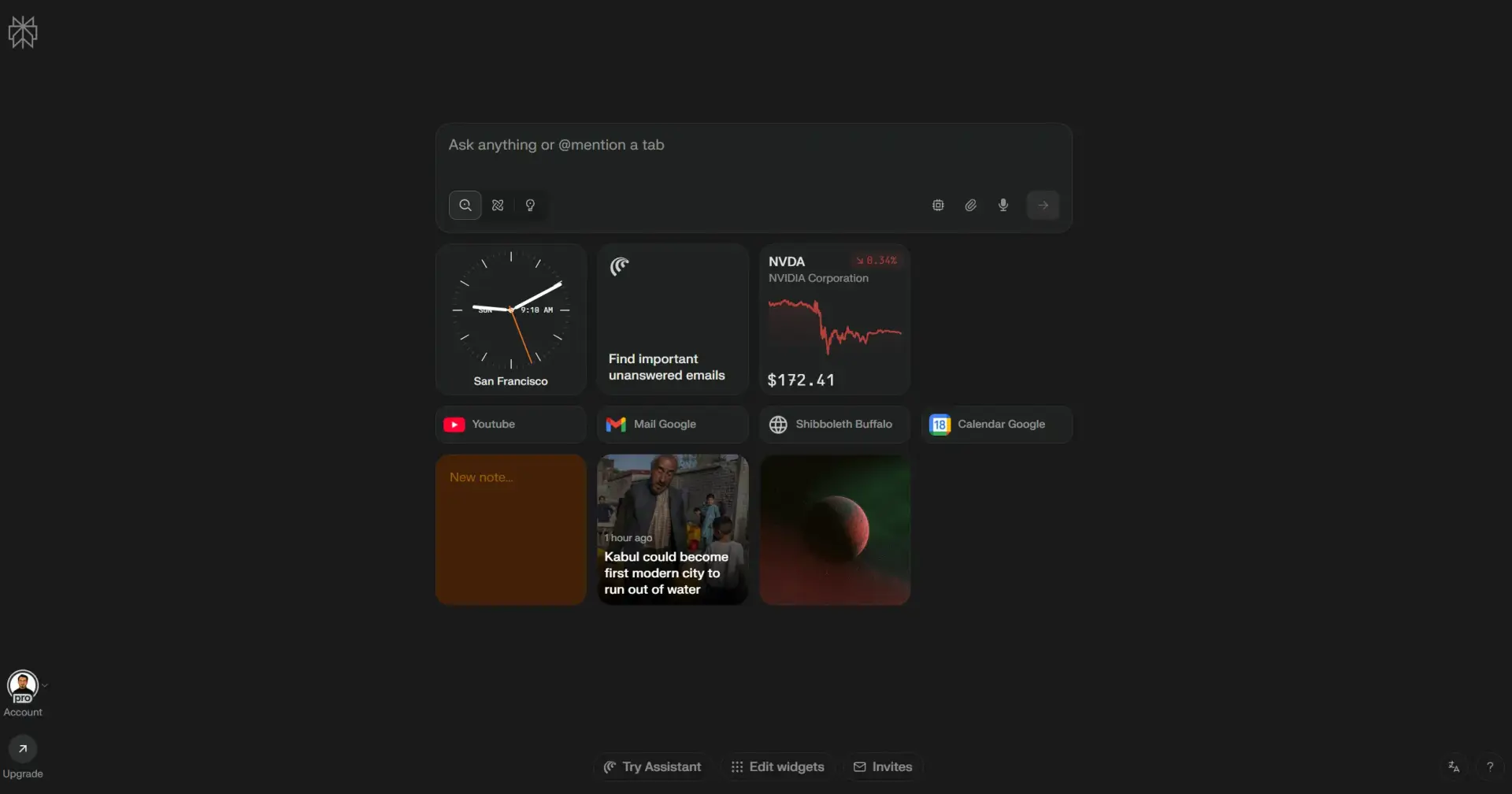 Comet's new-tab page: an 'Ask anything or @mention a tab' prompt above widget tiles for a clock, unanswered email, an NVDA price chart and news.
