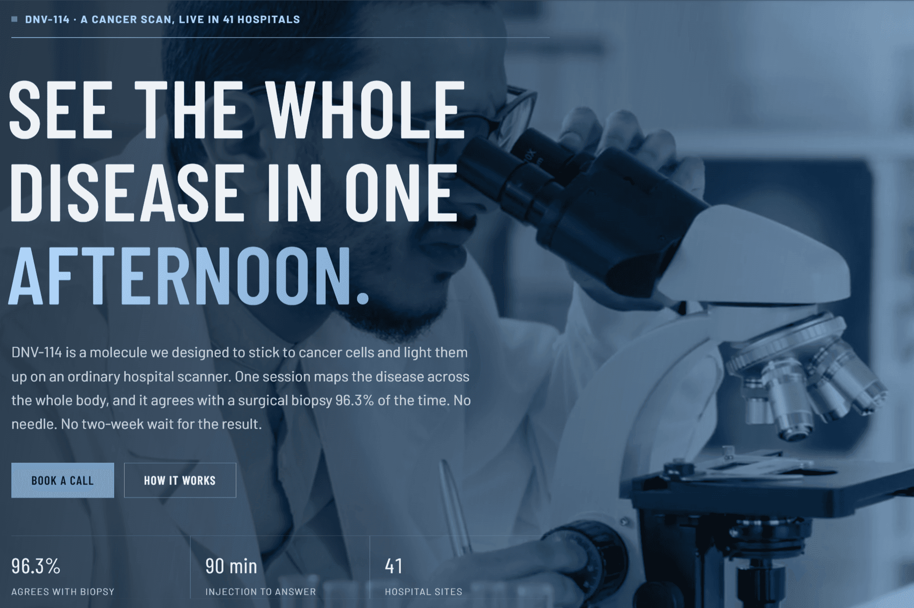 DeNova Bio landing page concept with a deep-blue clinical interface, large editorial headline and biotechnology imagery