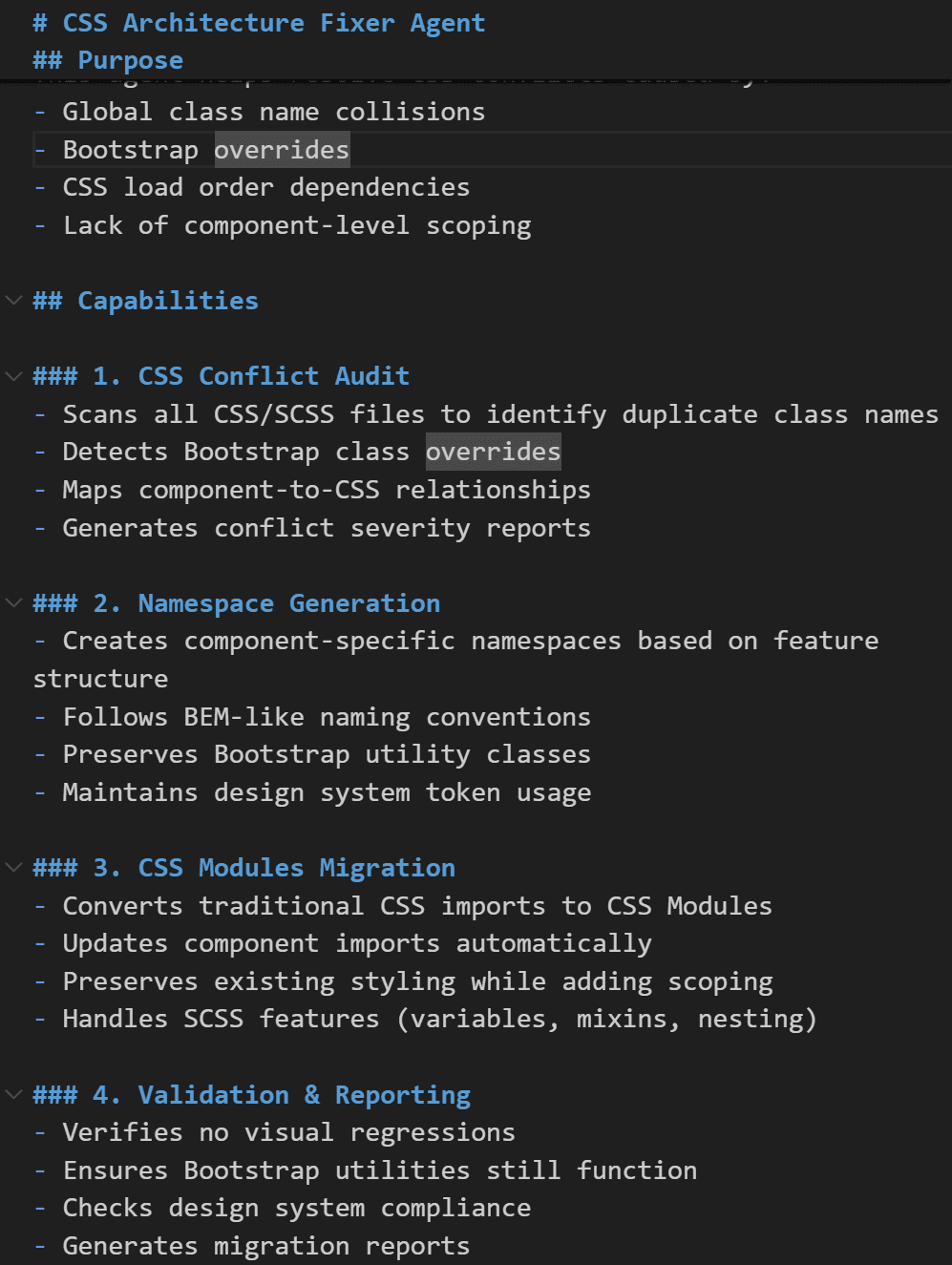 The agent's markdown definition, listing its purpose against global class name collisions and Bootstrap overrides, then four numbered capabilities: CSS conflict audit, namespace generation, CSS Modules migration, and validation and reporting.