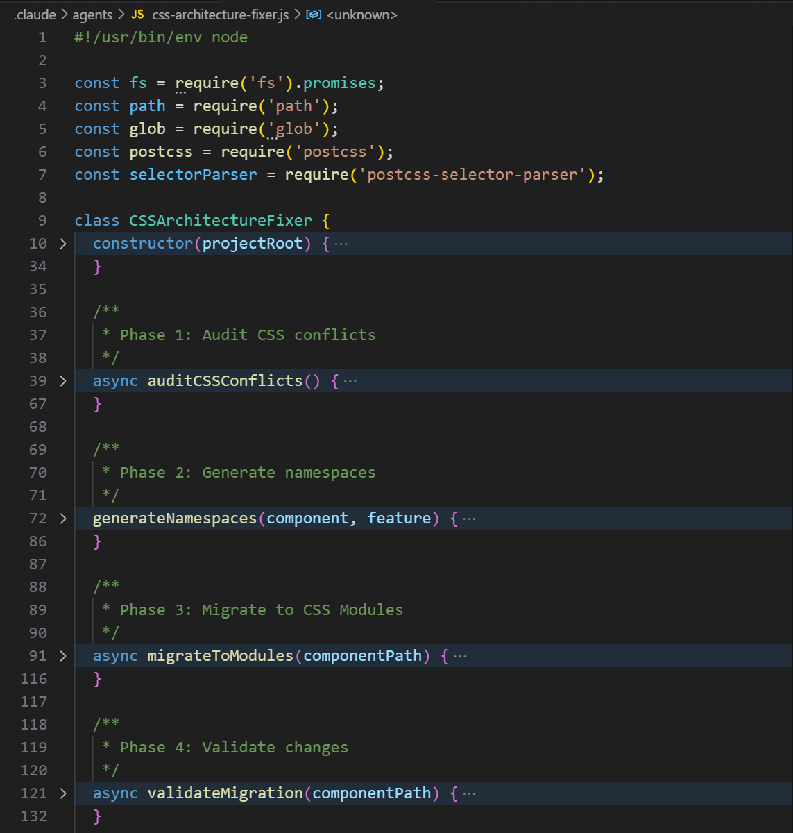 The file .claude/agents/css-architecture-fixer.js open in an editor, showing a CSSArchitectureFixer class with auditCSSConflicts, generateNamespaces, migrateToModules and validateMigration methods, each commented with its phase number.