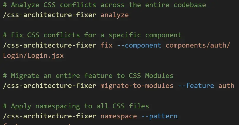 A terminal listing four /css-architecture-fixer commands — analyze, fix, migrate-to-modules and namespace — each under a comment describing what it does.